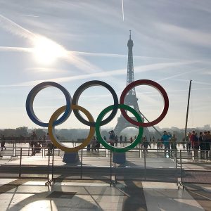 Paris France, 23 September 2017: Olympic games symbol on Trocadero place in front of the Eiffel Tower celebrating Paris 2024 summer Olympics