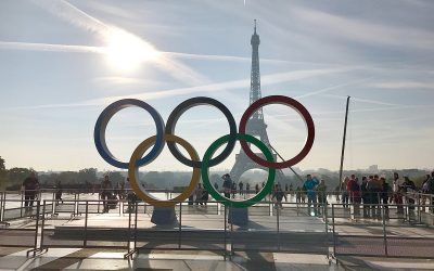 Paris France, 23 September 2017: Olympic games symbol on Trocadero place in front of the Eiffel Tower celebrating Paris 2024 summer Olympics