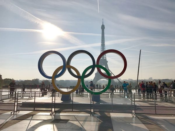 Paris France, 23 September 2017: Olympic games symbol on Trocadero place in front of the Eiffel Tower celebrating Paris 2024 summer Olympics